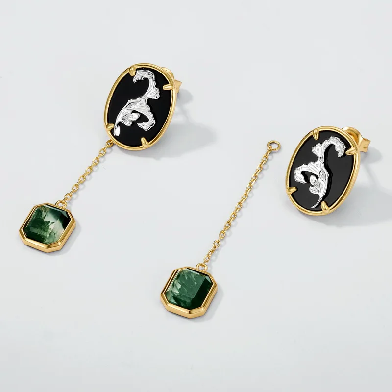 Jewelyking Oval Round Double Stone Natural Black Agate Green Moss Agate 18k Gold Plated Pendant Earrings JKES0088