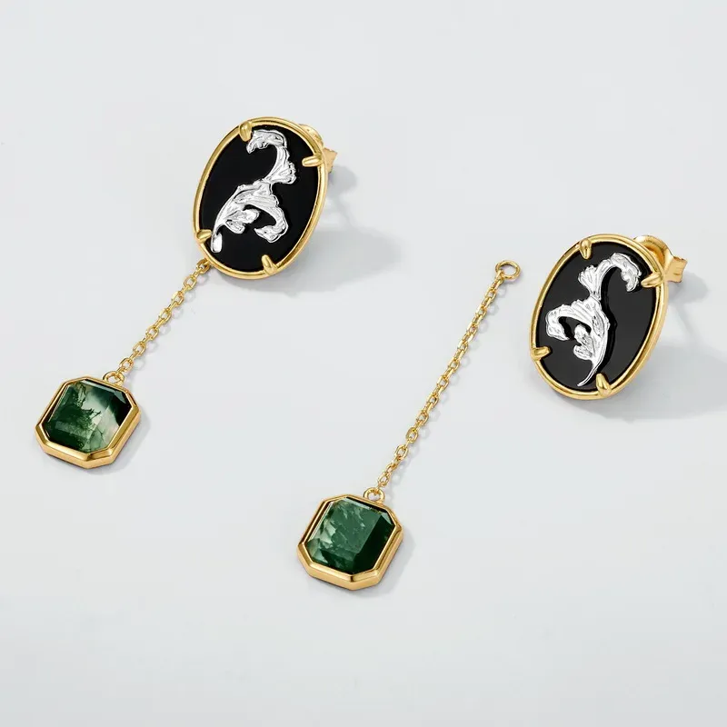 Jewelyking Oval Round Double Stone Natural Black Agate Green Moss Agate 18k Gold Plated Pendant Earrings JKES0088
