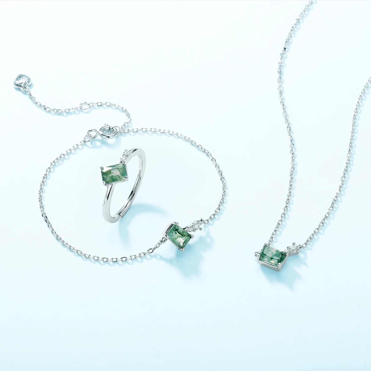 Jewelyking S925 Sterling Silver Green Moss Agete Rectangular Shaped Clavicle Pendant Necklace JKNS0110