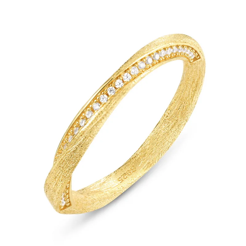 Jewelyking S925 Sterling Silver 14K Gold Plated Sandblasted Zircon Inlay Half Eternity Stackable Band JKRS0118