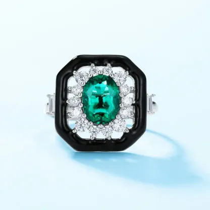 Costume Jewelry Emerald 18k White Gold Ring Emerald Black Onyx Gemstone Ring Wedding Silver Rings for Women