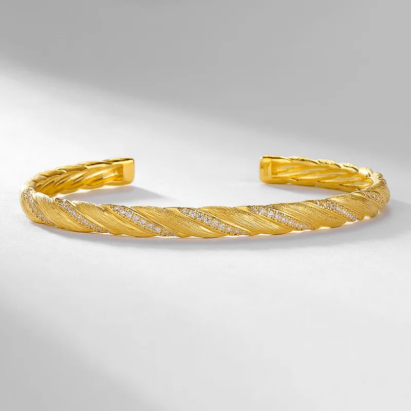 S925 Sterling Silver Brushed Twisted Cable 5A White CZ Pave Cuff Bangle