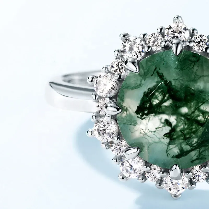 JewelyKing S925 Sterling Silver Minimalist Trend Jewelry Natural Moss Agate Gemstone Green Agate Engagement Wedding Rings JKRS0149