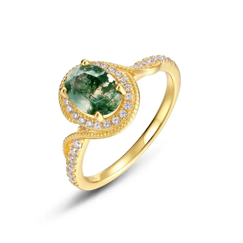 JewelyKing S925 Sterling Silver Round Cut Natural Gemstone Jewelry 18k Gold Plated Green Moss Agate CZ Engagement Ring JKRS0130
