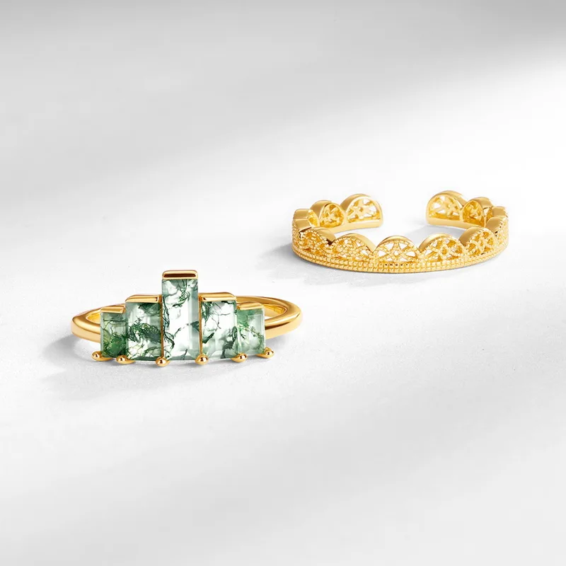 JewelyKing S925 Sterling Silver Green Moss Agate 14K Gold Plated Rectangular Cut Stackable Lace Design Ring JKRS0198