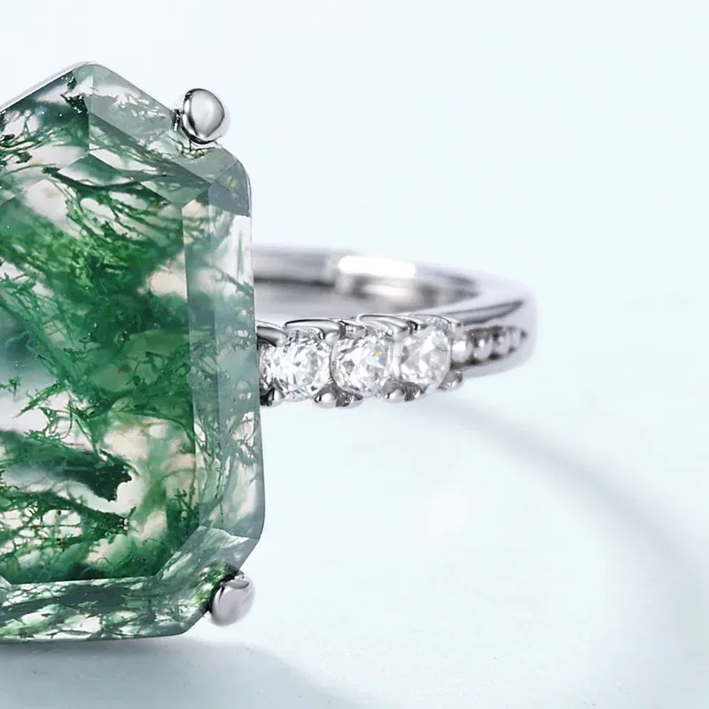 JewelyKing S925 Sterling Silver Green Moss Natural Agate Stone Elegant Handmade Gemstone Ring JKRS0177