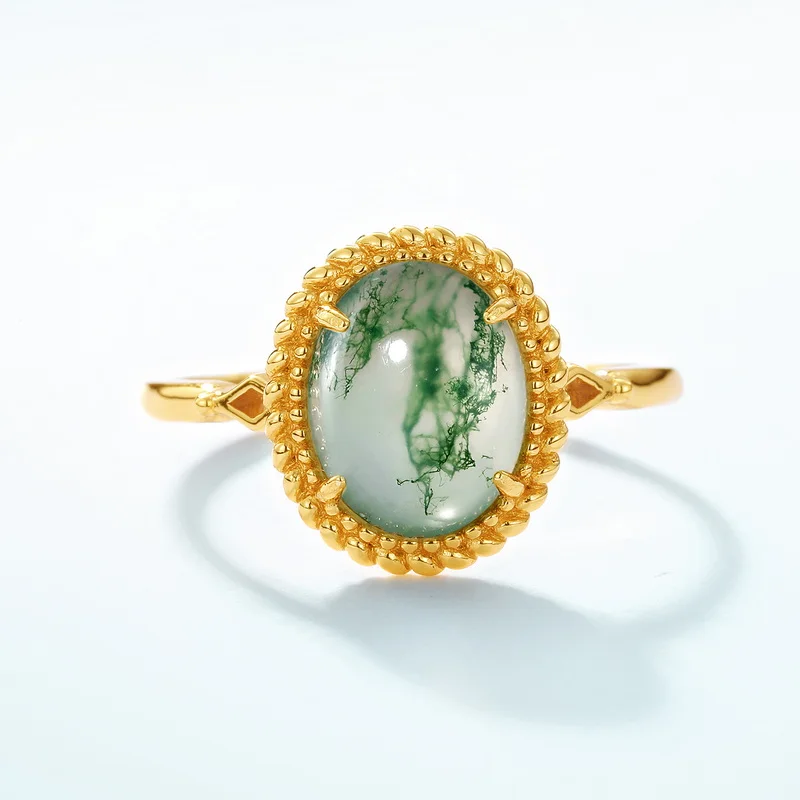 JewelyKing S925 Sterling Silver Green Moss Agate Dainty Whimsical Ring  K Gold Oval Diamond Ring JKRS0216