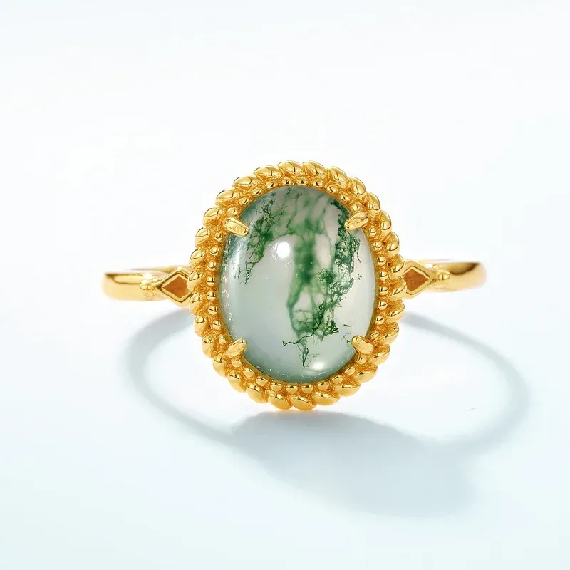 JewelyKing S925 Sterling Silver Green Moss Agate Dainty Whimsical Ring  K Gold Oval Diamond Ring JKRS0216