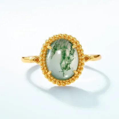 JewelyKing S925 Sterling Silver Green Moss Agate Dainty Whimsical Ring  K Gold Oval Diamond Ring JKRS0216