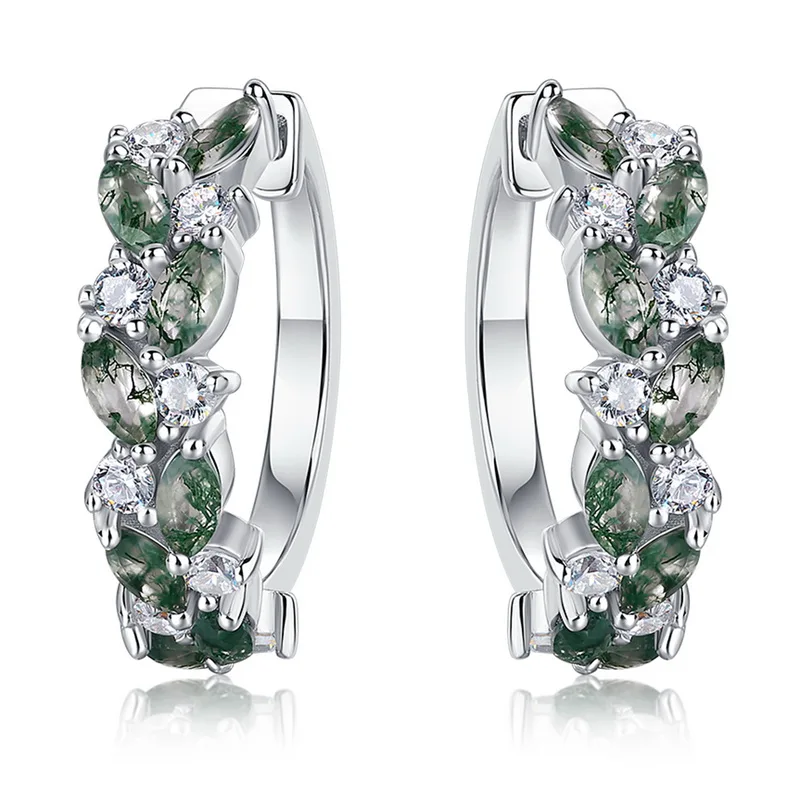 Jewelyking S925 Sterling Silver Green Moss Agate  Exquisite Cuff Design High-End Luxury Earrings JKES0107