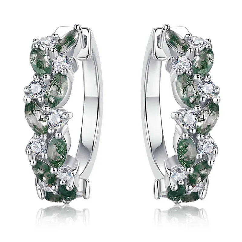 Jewelyking S925 Sterling Silver Green Moss Agate  Exquisite Cuff Design High-End Luxury Earrings JKES0107