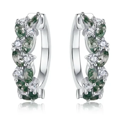 Jewelyking S925 Sterling Silver Green Moss Agate  Exquisite Cuff Design High-End Luxury Earrings JKES0107