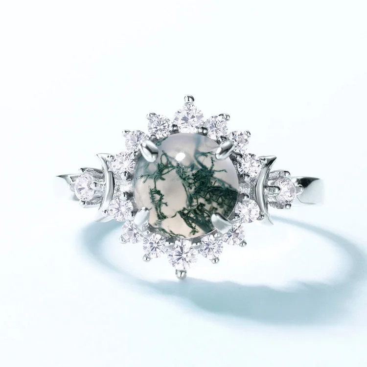 JewelyKing S925 Sterling Silver Round Natural Moss Agate Snowflake Cluster Adjustable Wedding Ring JKRS0213