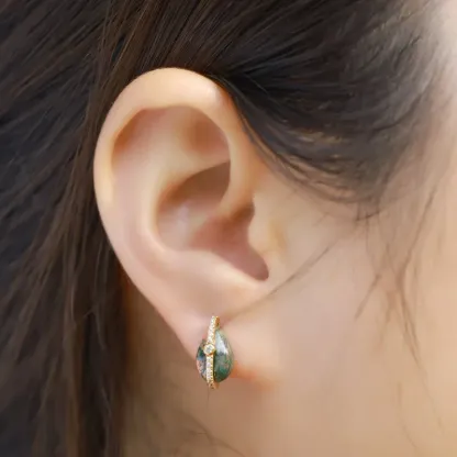 Jewelyking S925 Sterling Silver Elegant Retro Gold Plated Natural Green Moss Agate Earrings JKES0094