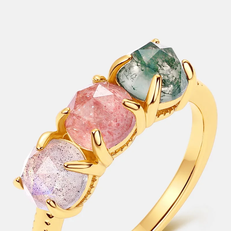 JewelyKing Light Luxury Gold Ring Green Moss Agate Limited Edition Colored Gemstone Natural Adjustable Ring JKRS0158