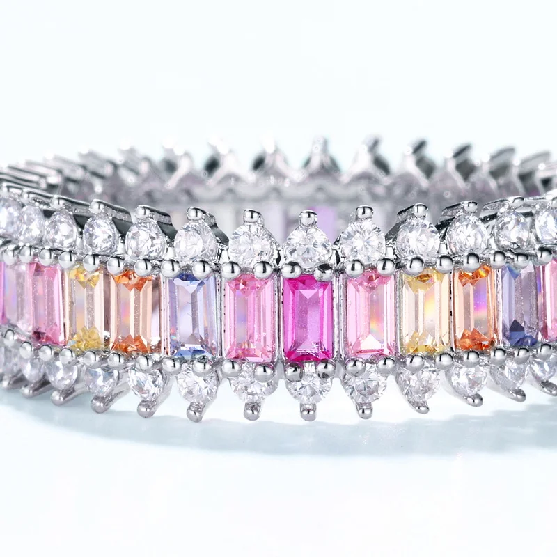 Best Selling Silver Rainbow Cubic Zirconia Anniversary Eternity Ring Multi Colors CZ Crystal Wedding Bands Rings for Women