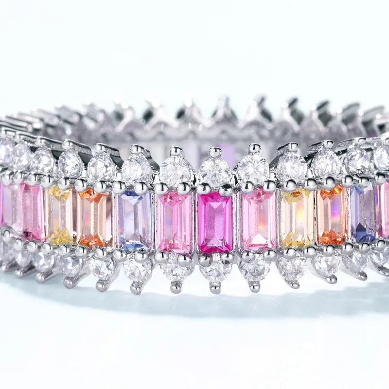 Best Selling Silver Rainbow Cubic Zirconia Anniversary Eternity Ring Multi Colors CZ Crystal Wedding Bands Rings for Women
