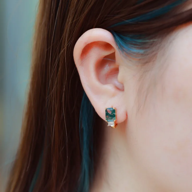 Jewelyking S925 Silver 14K Gold Plated Green Moss Agate Opal Accent Huggie Hoop Earrings JKES0109