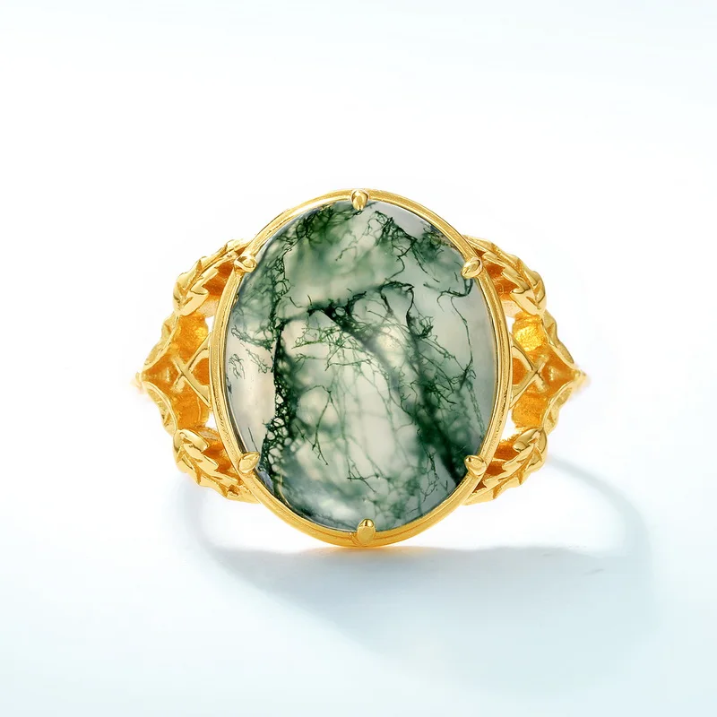 JewelyKing S925 Sterling Silver Natural Green Gemstone Diamond Moss Agate Ring JKRS0215