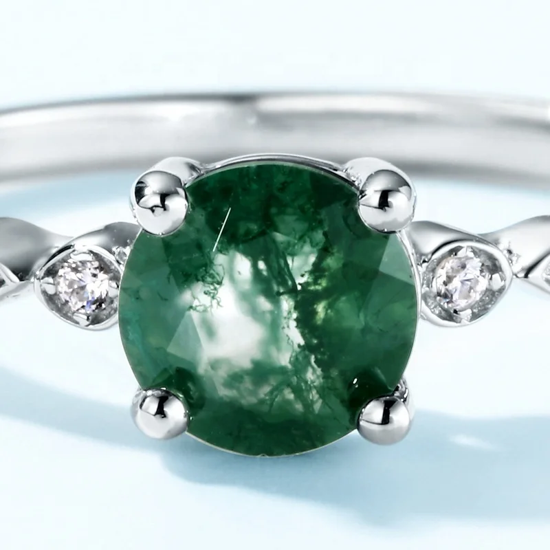 JewelyKing S925 Sterling Silver Retro Gemstone Dainty Cubic Zirconia Round Natural Green Moss Agate Engagement Ring JKRS0225
