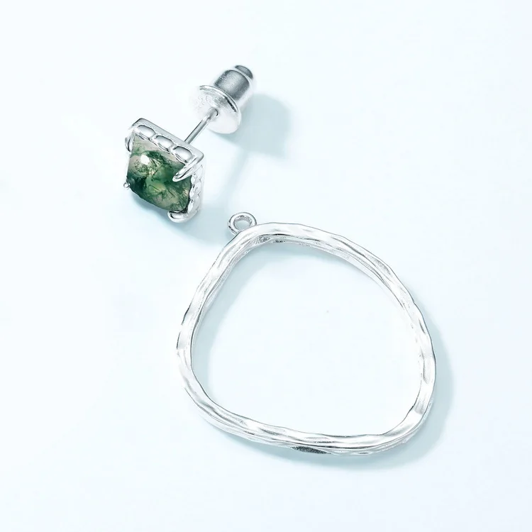 Jewelyking S925 Silver Hoop Stud Earrings Green Moss Agate Crystal Hiphop JKES0074