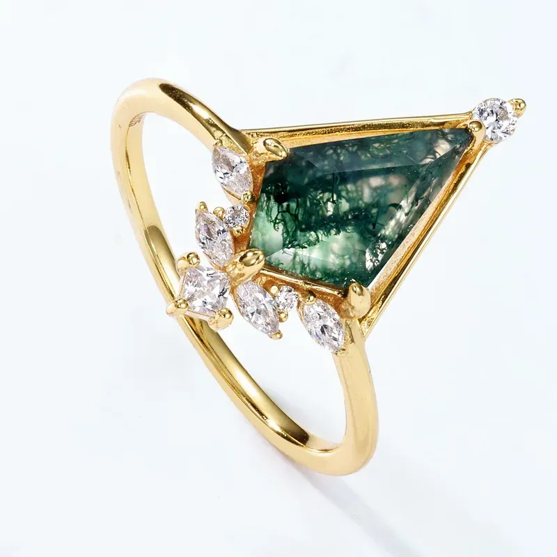 JewelyKing S925 Sterling Silver Plating 18K Yellow Gold Green Moss Natural Seaweed Agate Ring JKRS0132
