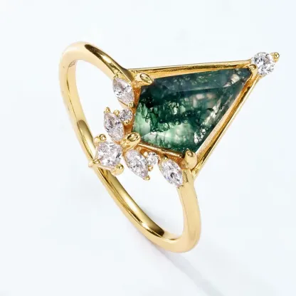 JewelyKing S925 Sterling Silver Plating 18K Yellow Gold Green Moss Natural Seaweed Agate Ring JKRS0132