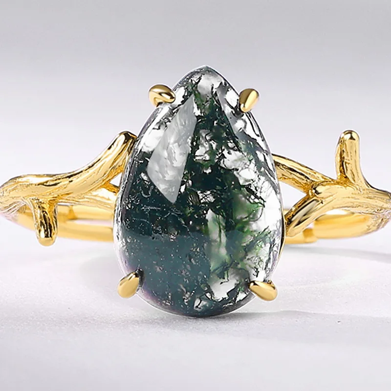 JewelyKing S925 Sterling Silver Green Moss Agate Gold Plated Pear Cut Nature Branch Adjustable Ring JKRS0156
