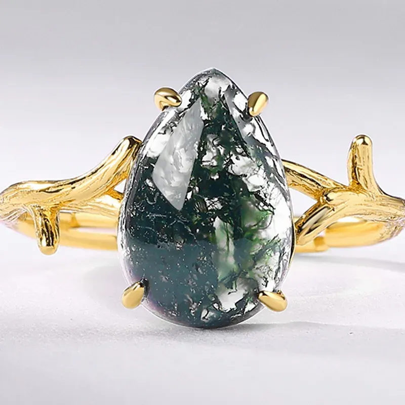 JewelyKing S925 Sterling Silver Green Moss Agate Gold Plated Pear Cut Nature Branch Adjustable Ring JKRS0156
