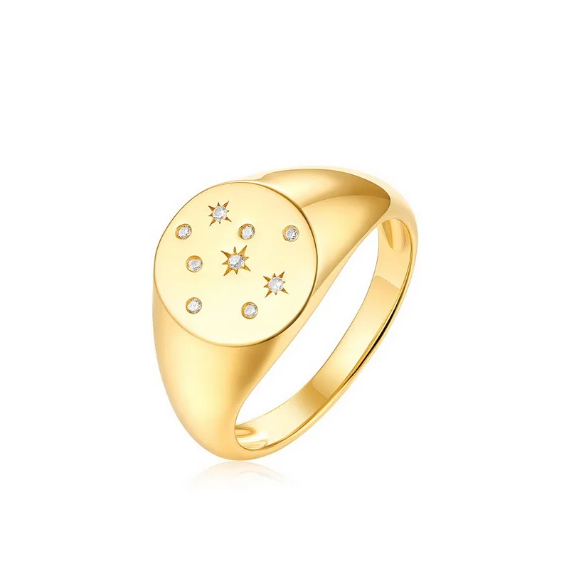 JewelyKing S925 Sterling Silver 18K Gold Plated Astrology Star Zodiac Signet Ring JKRS0296