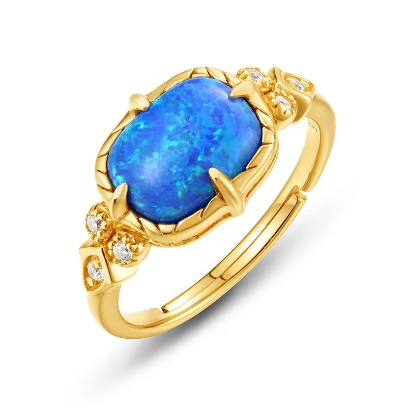 JewelyKing S925 Sterling Silver Vintage 18K Gold Plated Ring Synthetic Blue Opal Ring JKRS0267