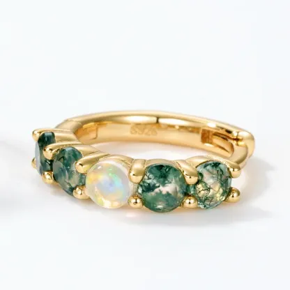 JewelyKing S925 Silver 14K Gold Plated Green Moss Agate Opal Accent Huggie Hoop Earrings JKES0010