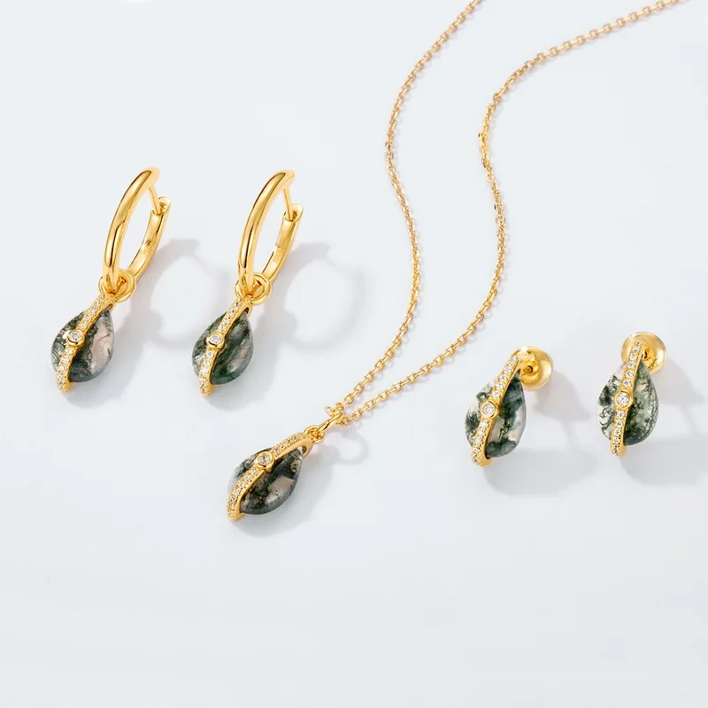 Jewelyking S925 Silver 18k Gold Plated  Natural Green Moss Agate Hoop Earring JKES0095