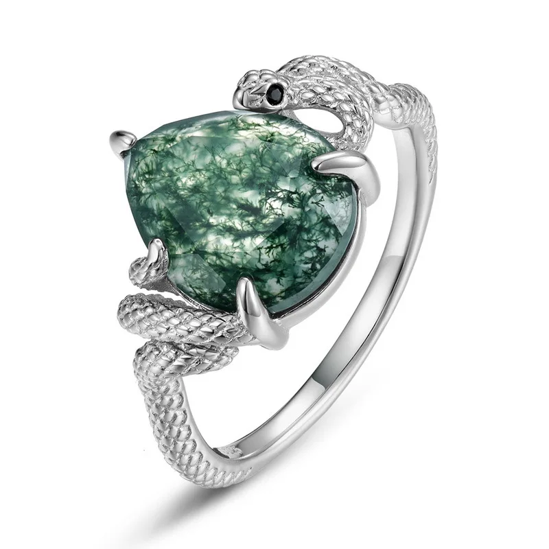 JewelyKing S925 Sterling Silver Green Moss Agate Pear Cut Snake Design Natural Gemstone Statement Ring JKRS0008