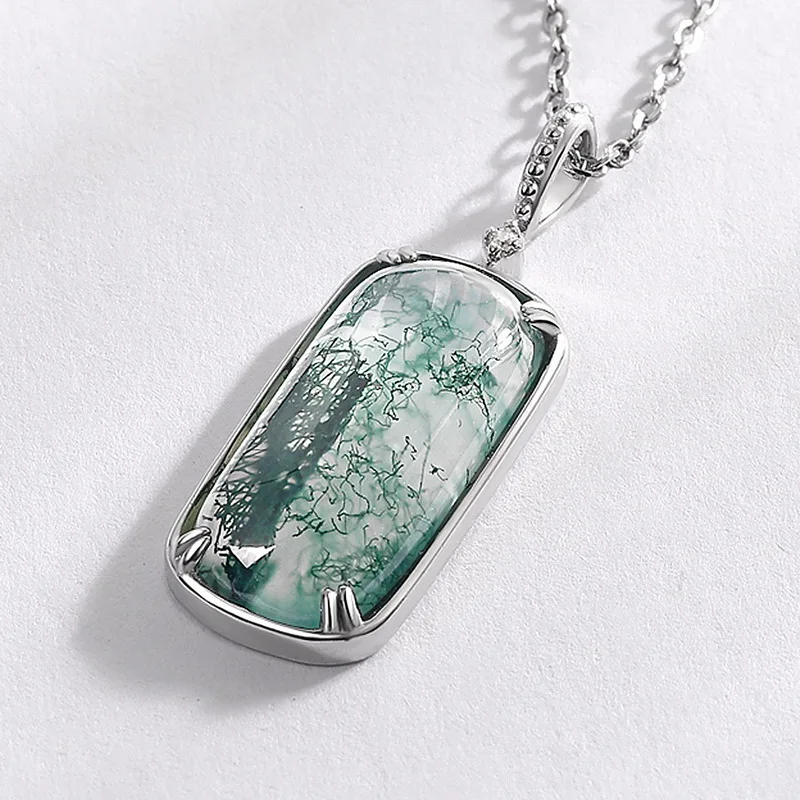Jewelyking S925 Sterling Silver Natural Green Moss Stone Trendy Pendant Necklace JKNS0076