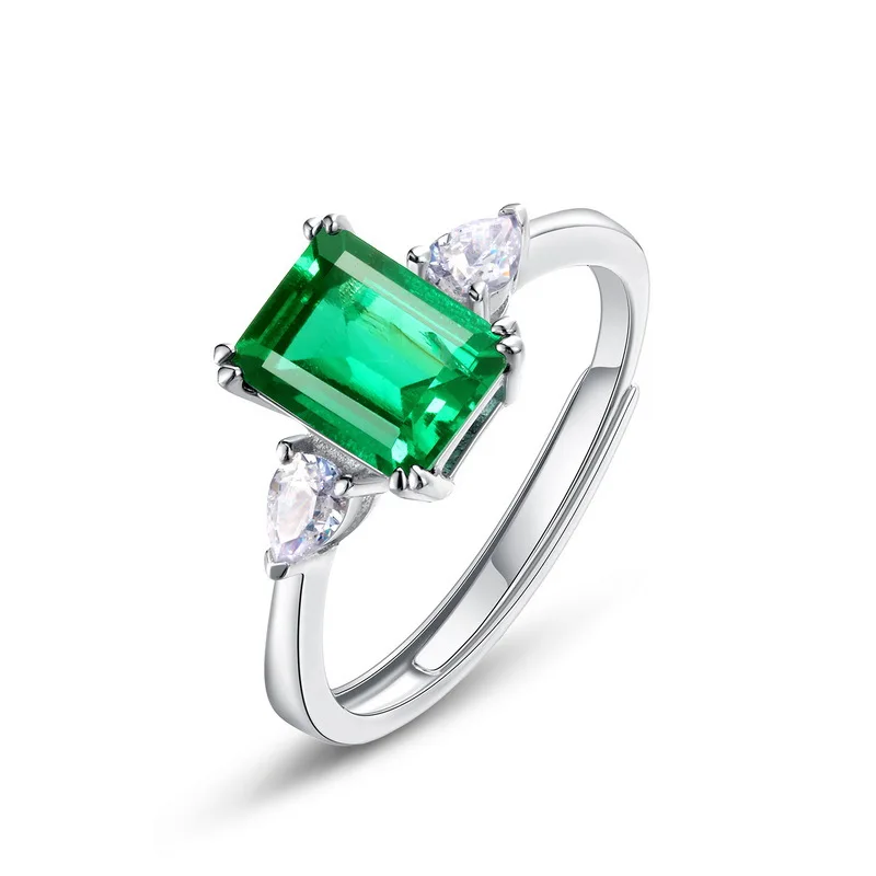 Retro Light Luxury Lab Grown Emerald Ring S925 Silver Inlaid Cultivated Colored Gemstone Ring Custom Wholesale
