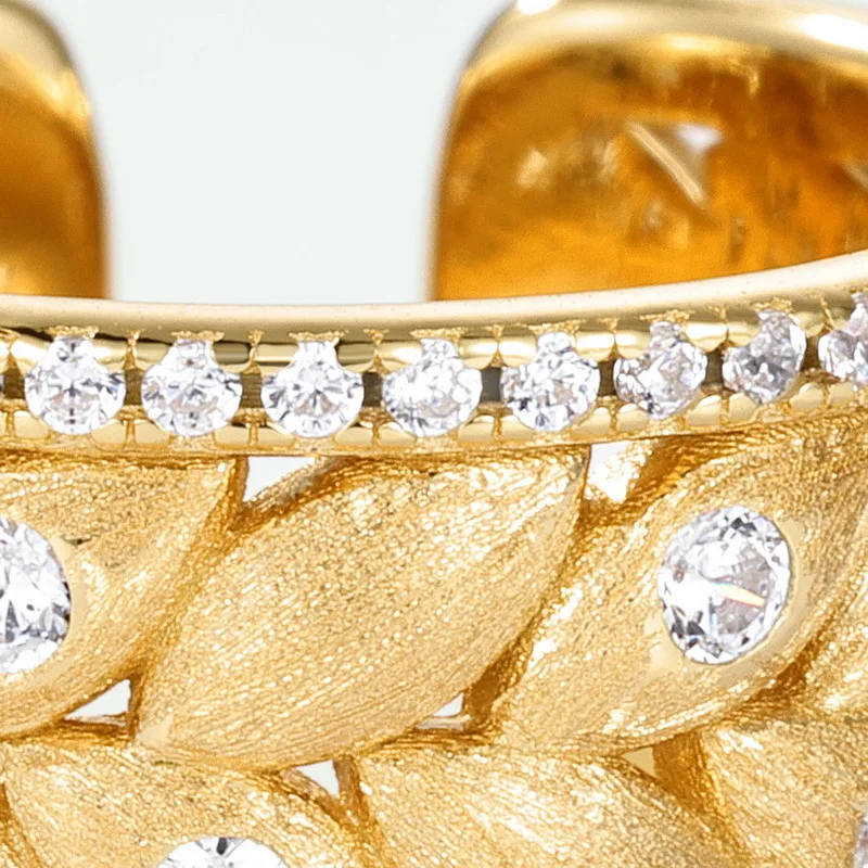 Jewelyking S925 Sterling Silver Brushed Sandblasted Open Gold Plated Leaf Texture Jewelry JKRS0116