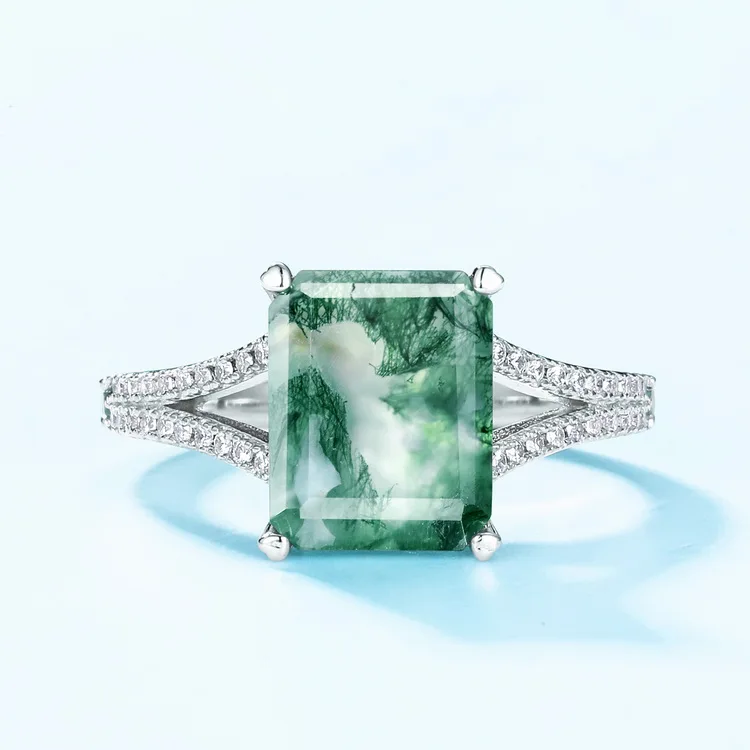 JewelyKing S925 Sterling Silver Emerald Cut Moss Agate Engagement Ring  JKRS0206