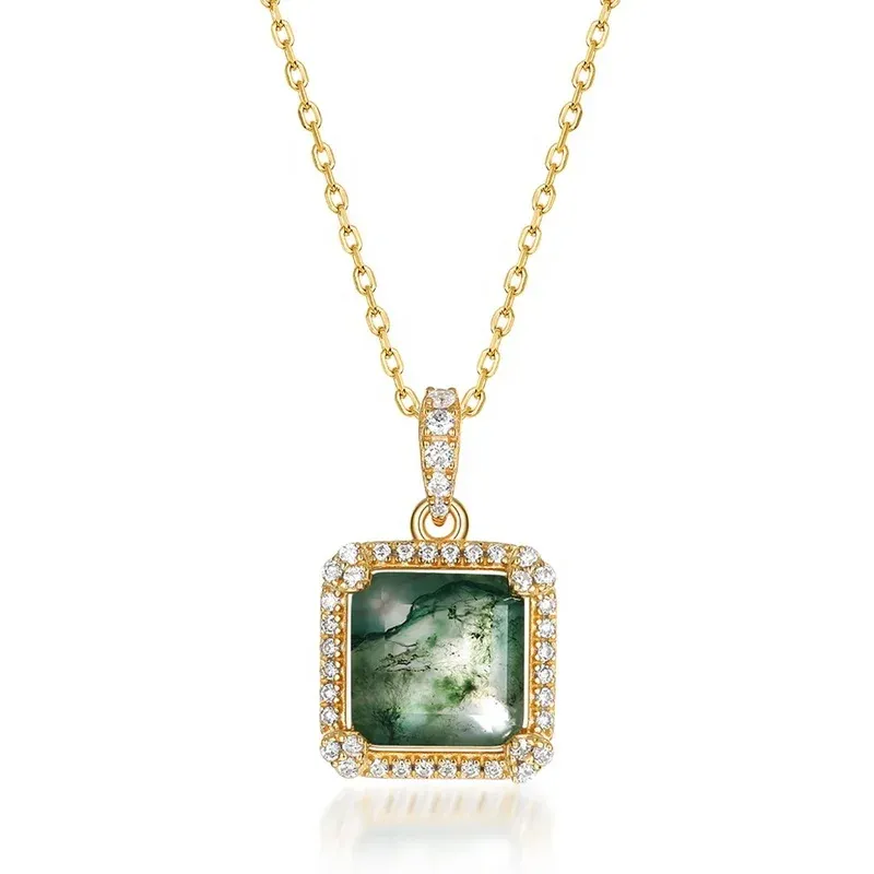 Jewelyking S925 Sterling Silver Cubic Zirconia Gemstone Jewelry Delicate Square Real Moss Agate Pendant Necklace JKNS0082