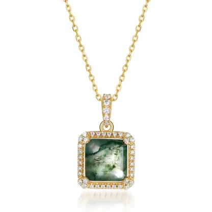 Jewelyking S925 Sterling Silver Cubic Zirconia Gemstone Jewelry Delicate Square Real Moss Agate Pendant Necklace JKNS0082