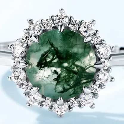 JewelyKing S925 Sterling Silver Minimalist Trend Jewelry Natural Moss Agate Gemstone Green Agate Engagement Wedding Rings JKRS0149