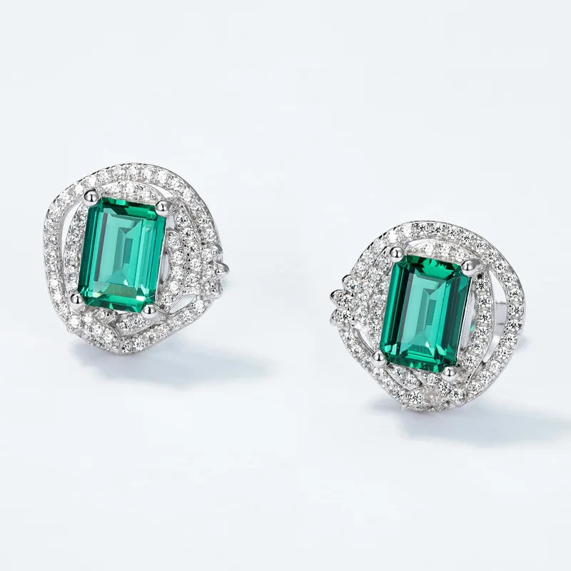 S925 Sterling Silver Emerald Cut Lab Grown Emerald Double Halo Stud Earrings for Women