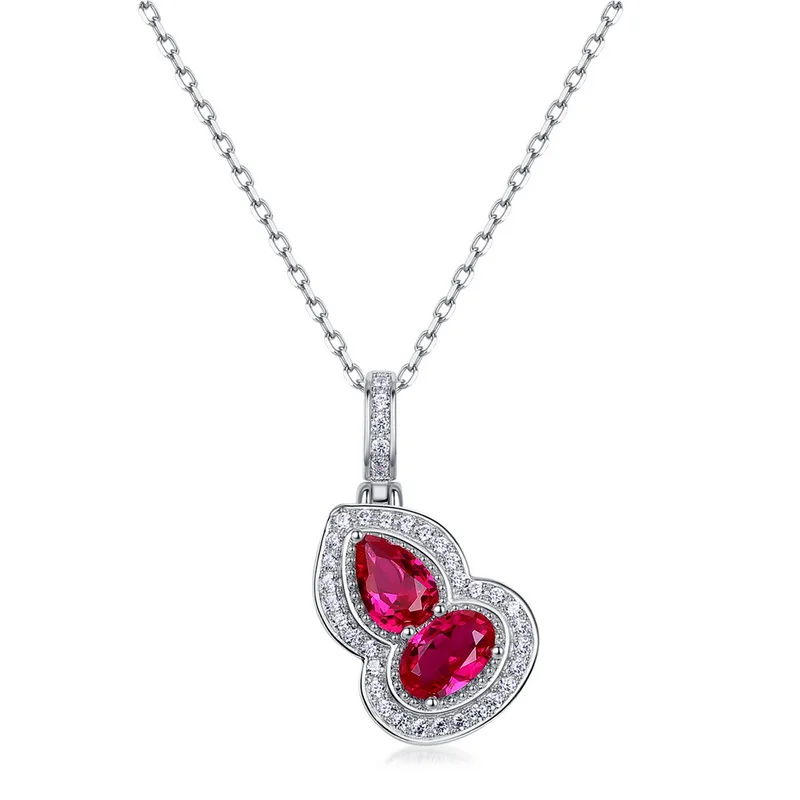 JewelyKing S925 Silver Artificial Lab Grow Ruby Gourd Lucky Red Diamond Cubic Zirconia Pendant Necklace JKNS0165 