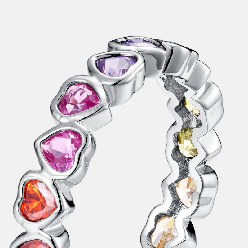 Fine Jewelry Silver 925 Sterling Heart Shaped Rainbow Bezel Ring for Valentine Day Gift