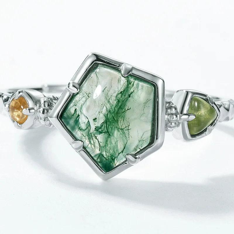 JewelyKing S925 Sterling Silver Irregular Baguette Cut Natural Gemstone Green Moss Agate Engagement Adjustable Ring JKRS0135