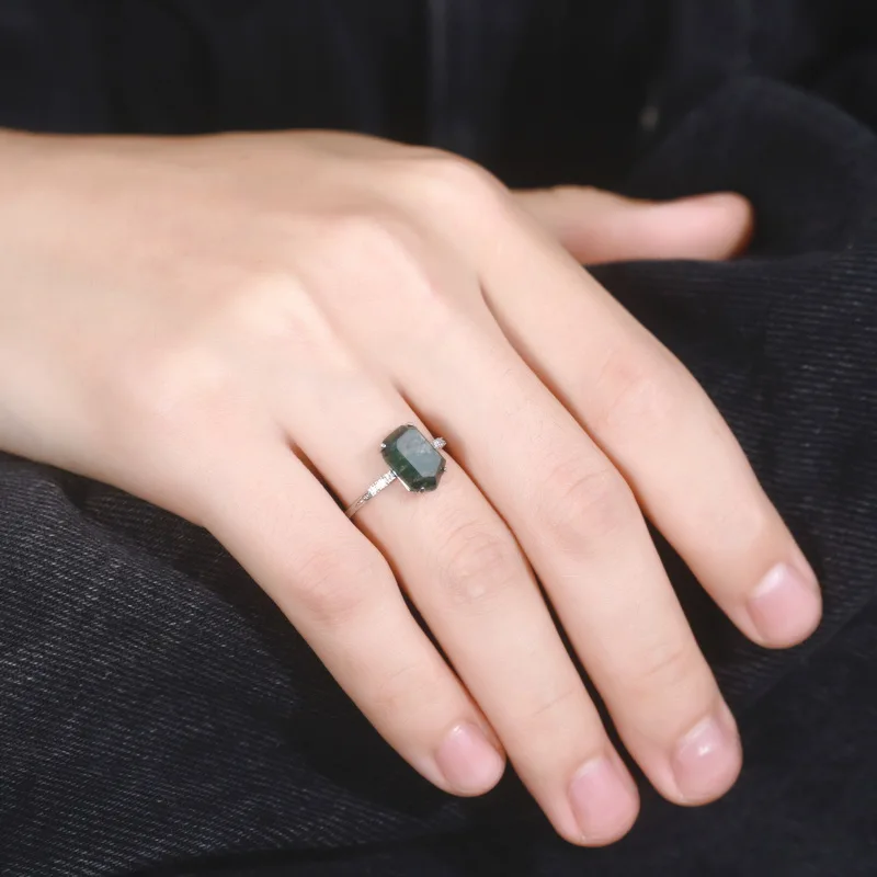 JewelyKing S925 Sterling Silver Green Moss Natural Agate Stone Elegant Handmade Gemstone Ring JKRS0177