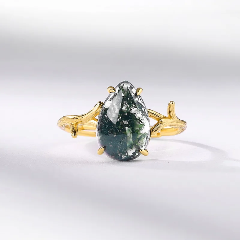 JewelyKing S925 Sterling Silver Green Moss Agate Gold Plated Pear Cut Nature Branch Adjustable Ring JKRS0156