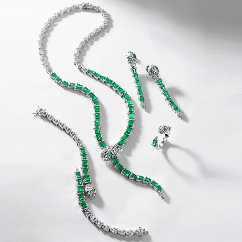 Luxury 925 Sterling Silver White Plated Snake Lab Grown Emerald Necklace Elegant Fine Jewelry Anniversary Engagement Gift Set