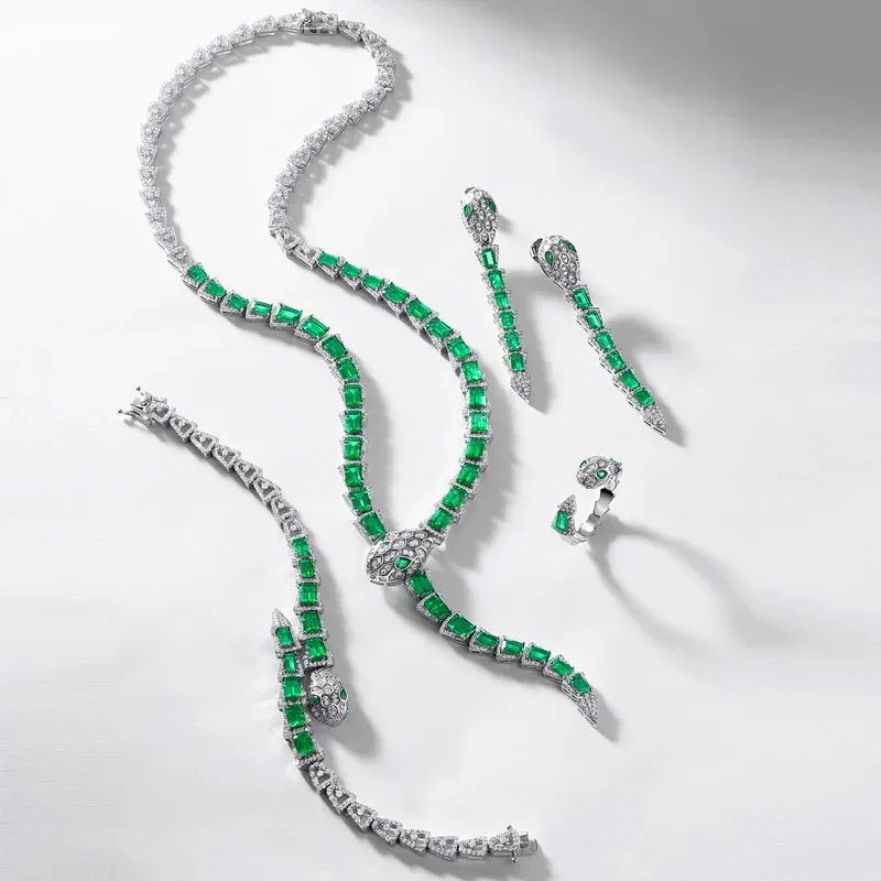 Luxury 925 Sterling Silver White Plated Snake Lab Grown Emerald Necklace Elegant Fine Jewelry Anniversary Engagement Gift Set