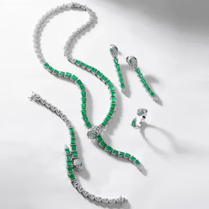 Luxury 925 Sterling Silver White Plated Snake Lab Grown Emerald Necklace Elegant Fine Jewelry Anniversary Engagement Gift Set